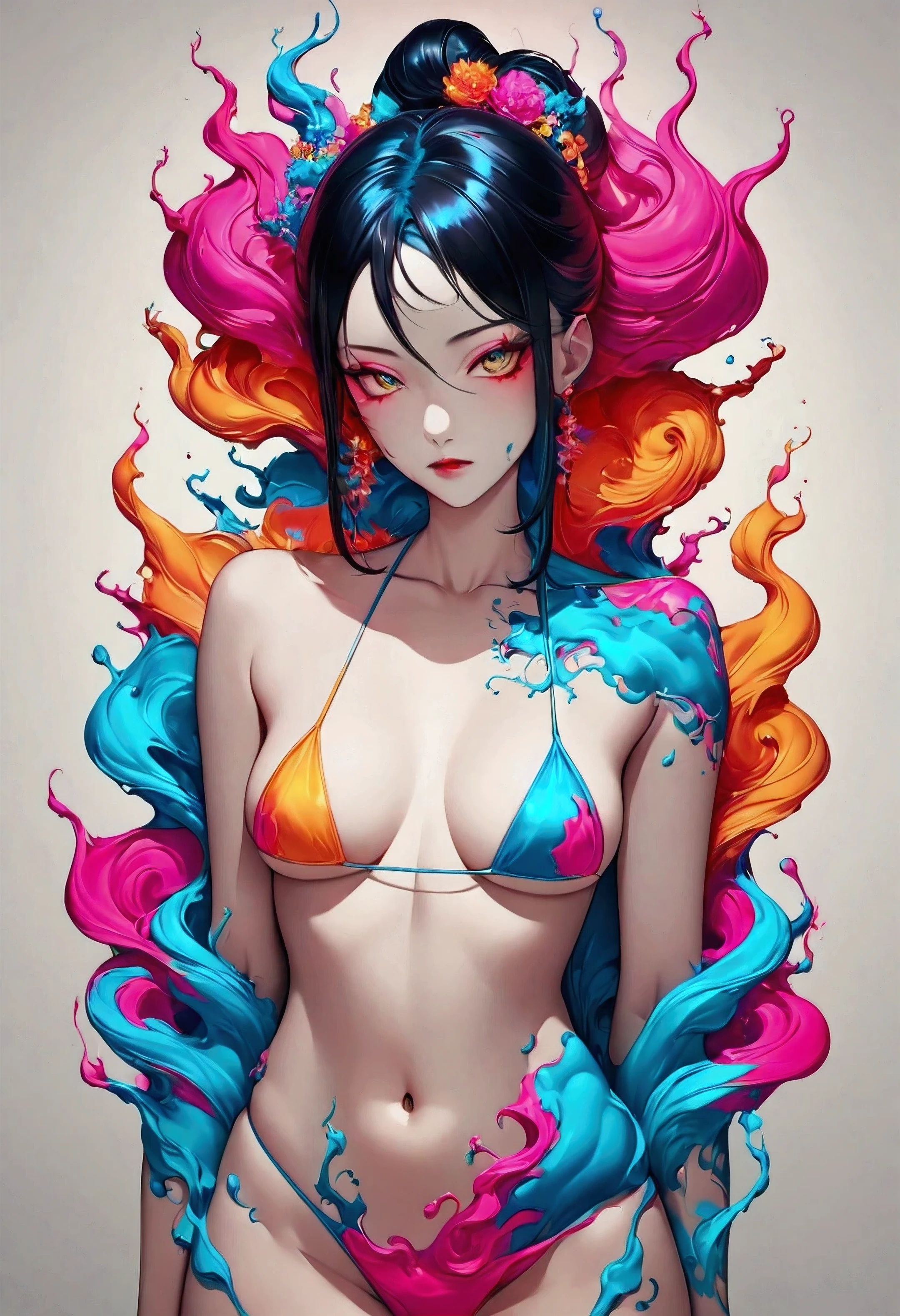 Colorful Abstract Art of Ink Forming a People, Lighting, Sub-Surface Scatterring, Glow, Award-winning Ink Art by Alberto Seveso, japanese anime, realistic, surreal, japanese goddess, neon colors, micro bikini,