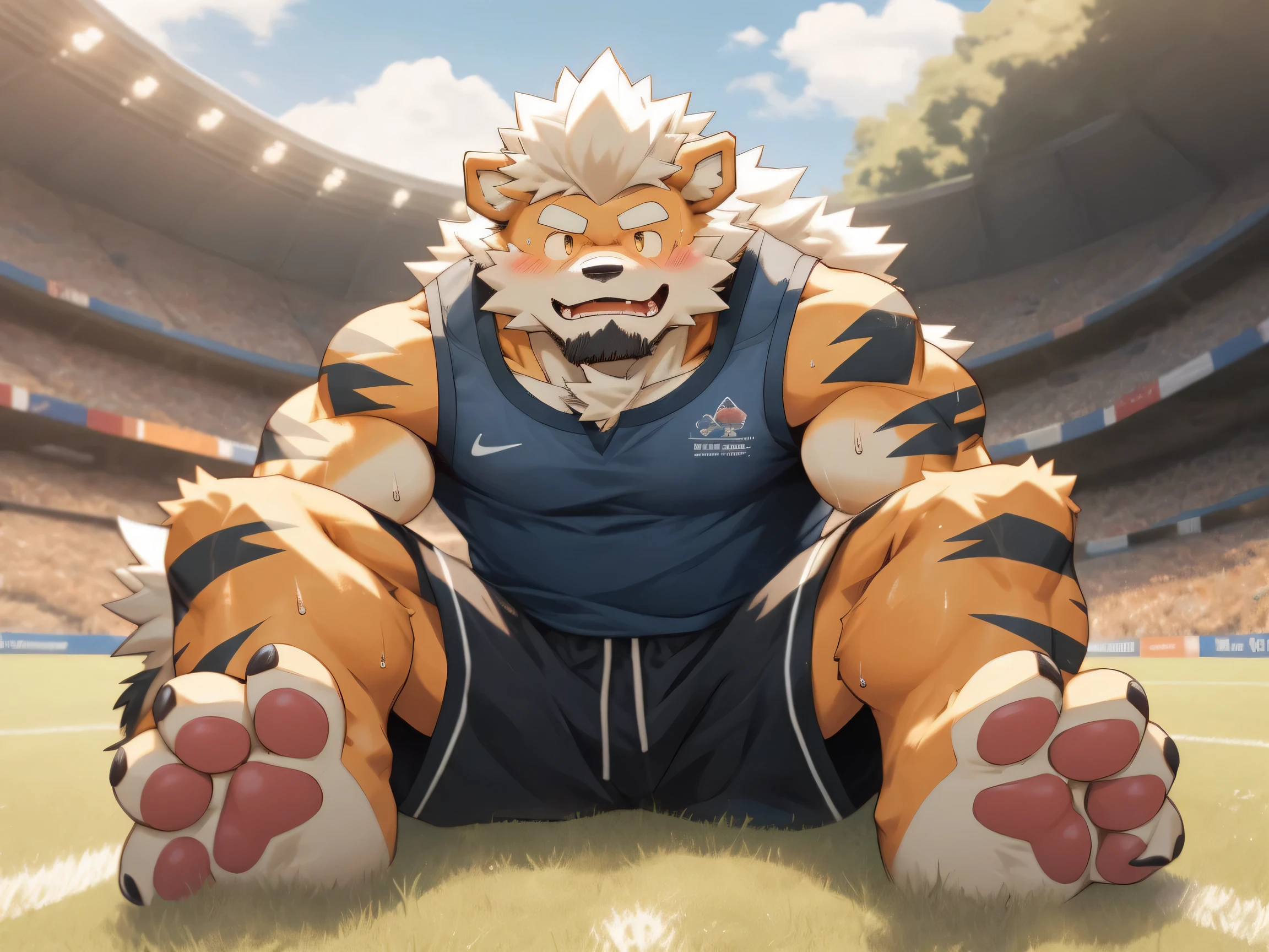 severed hand pulling down zip attached to kneel polar bear dad skin , track suit , detailed white feet five toes with white sock, profile, evil smug blush sweating , kemono , high quality , by rossciaco ( rear view) , covered in transparent slime