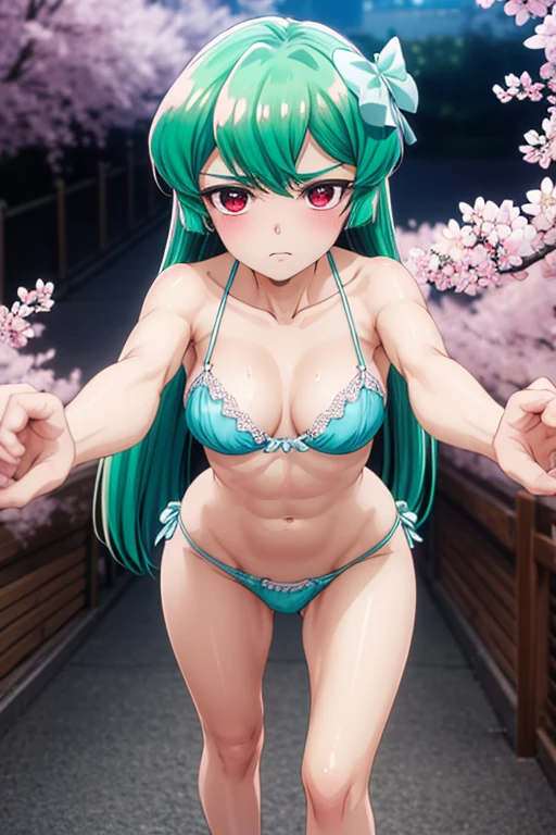 a beautiful sexy teenage pink skinned woman in lingerie extending her hand forward. red heart shaped eyes. long light green hair. big breasts average hip cosplay