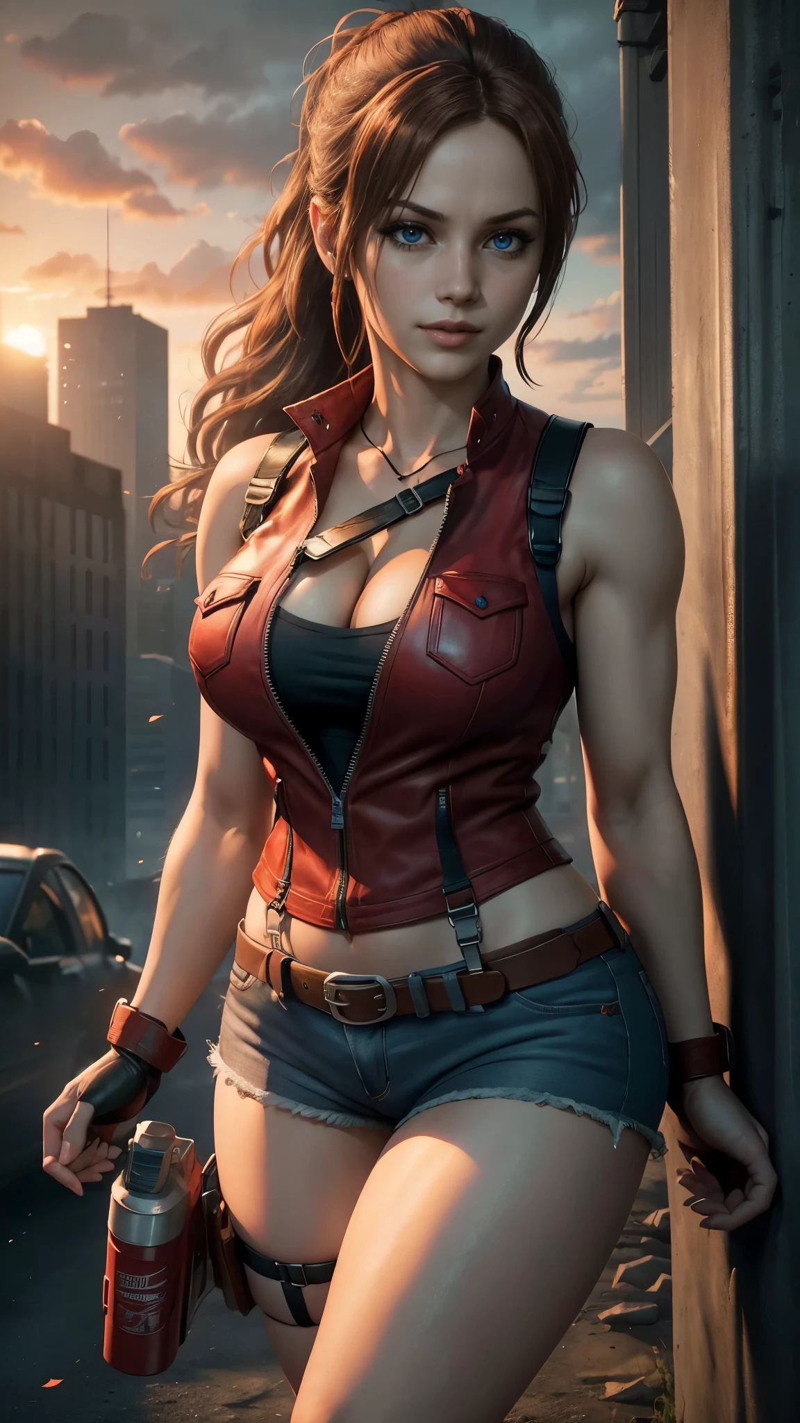 Claire redfield da resident evil,(best quality, 4K,8k,high resolution,work of art:1.2)(weather: sunset), city ruins background, police station, wide hips, long curly hair, short ponytail hair, brown hair, freckles, sleeveless top, short sleeve red jacket, blue denim shorts, stockings, harness, boots, fingerless gloves, light makeup, dark eyeshadow, flirting pose, ultra detailed,portrait,realistic,beautiful detailed blue eyes, beautiful detailed lips,extremely detailed eye and face, long eyelashes,average, large breasts,flying hair,beaming smile, sexy smile, powerful girl, bright coloured, dramatic lighting, smoke,