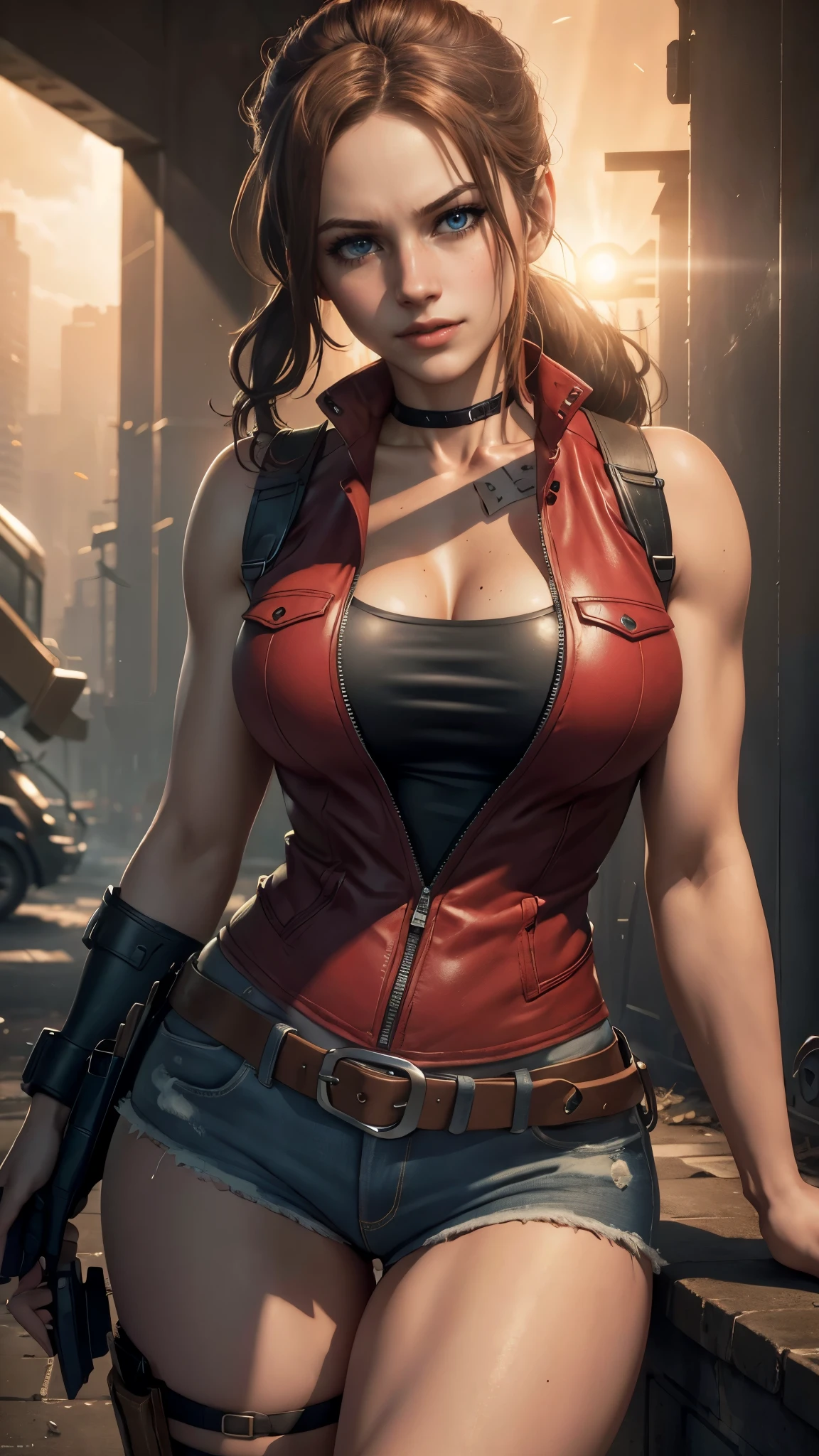 Claire redfield da resident evil,(best quality, 4K,8k,high resolution,work of art:1.2)(weather: sunset), city ruins background, police station, wide hips, long curly hair, short ponytail hair, brown hair, freckles, sleeveless top, short sleeve red jacket, blue denim shorts, stockings, harness, boots, fingerless gloves, light makeup, dark eyeshadow, flirting pose, ultra detailed,portrait,realistic,beautiful detailed blue eyes, beautiful detailed lips,extremely detailed eye and face, long eyelashes,average, large breasts,flying hair,beaming smile, sexy smile, powerful girl, bright coloured, dramatic lighting, smoke,