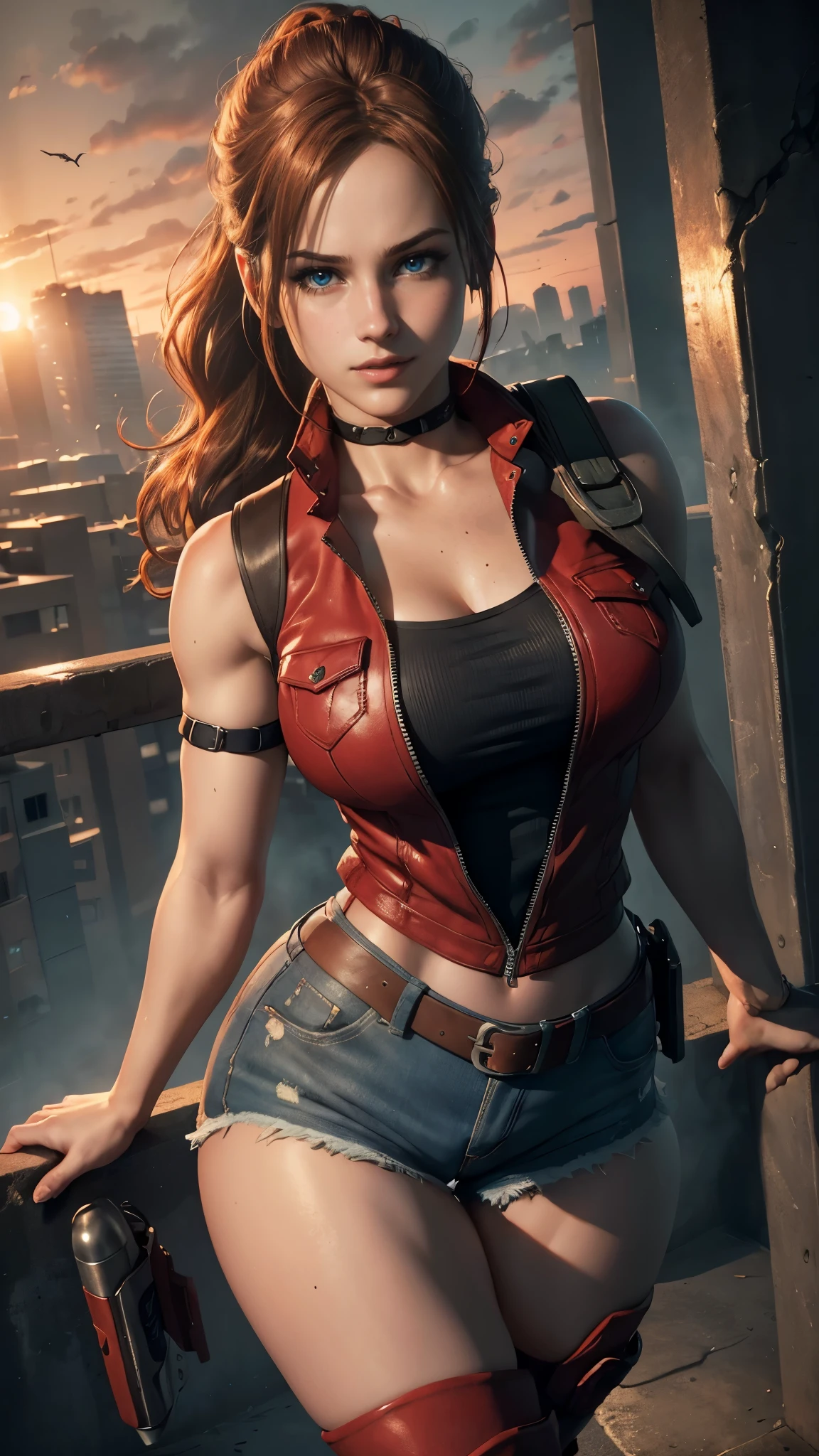 Claire redfield da resident evil,(best quality, 4K,8k,high resolution,work of art:1.2)(weather: sunset), city ruins background, police station, wide hips, long curly hair, short ponytail hair, brown hair, freckles, sleeveless top, short sleeve red jacket, blue denim shorts, stockings, harness, boots, fingerless gloves, light makeup, dark eyeshadow, flirting pose, ultra detailed,portrait,realistic,beautiful detailed blue eyes, beautiful detailed lips,extremely detailed eye and face, long eyelashes,average, large breasts,flying hair,beaming smile, sexy smile, powerful girl, bright coloured, dramatic lighting, smoke,