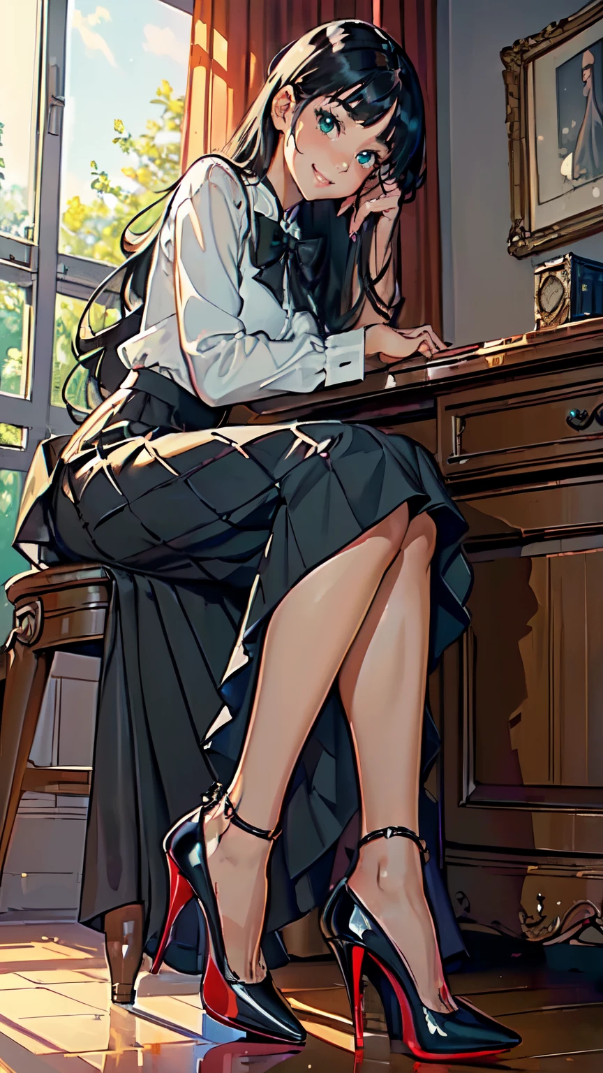 A woman in a white dress (long black hair, pretty,) sits in the dining room