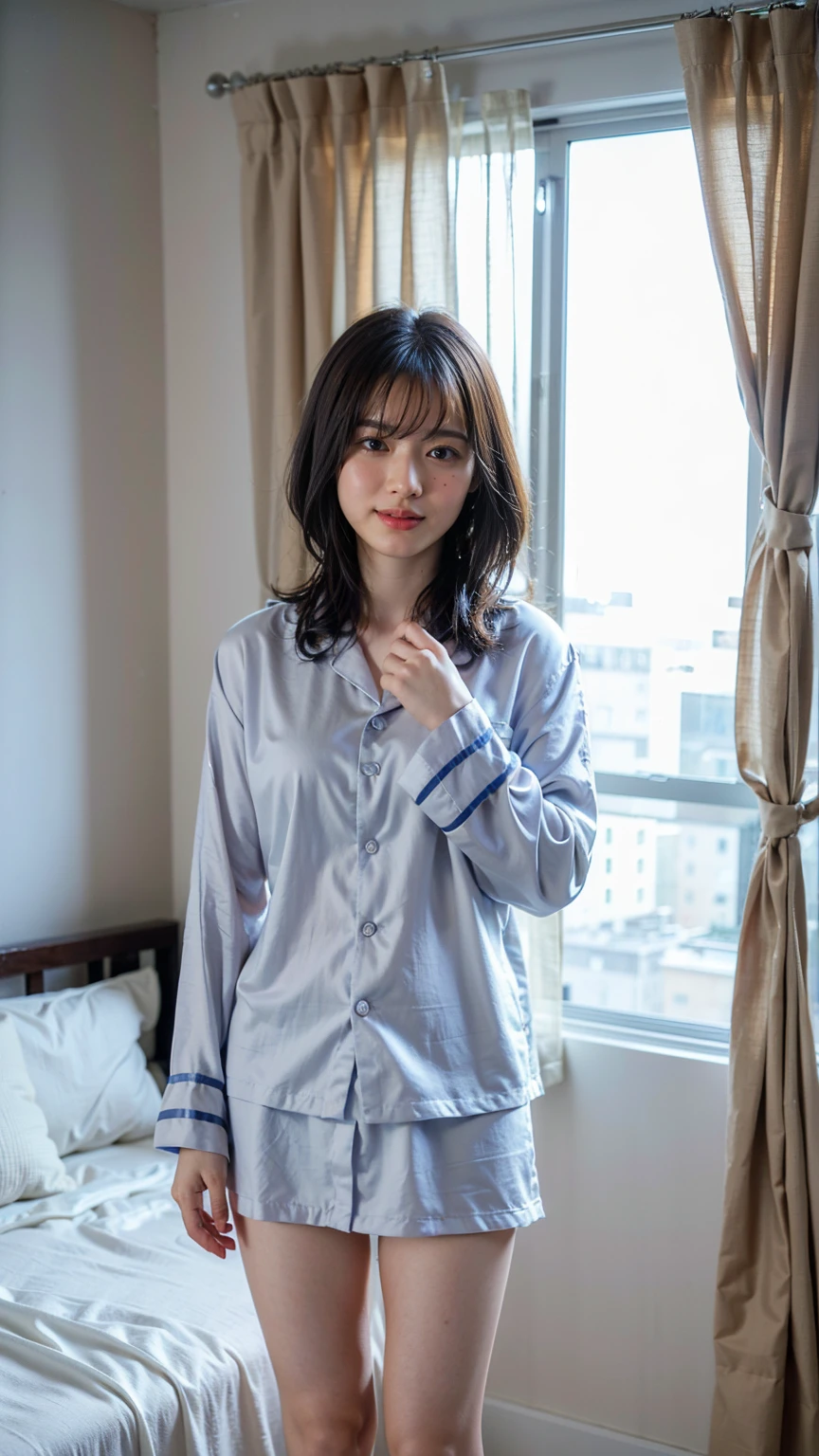 Short hair asian girl, wear blue pajamas