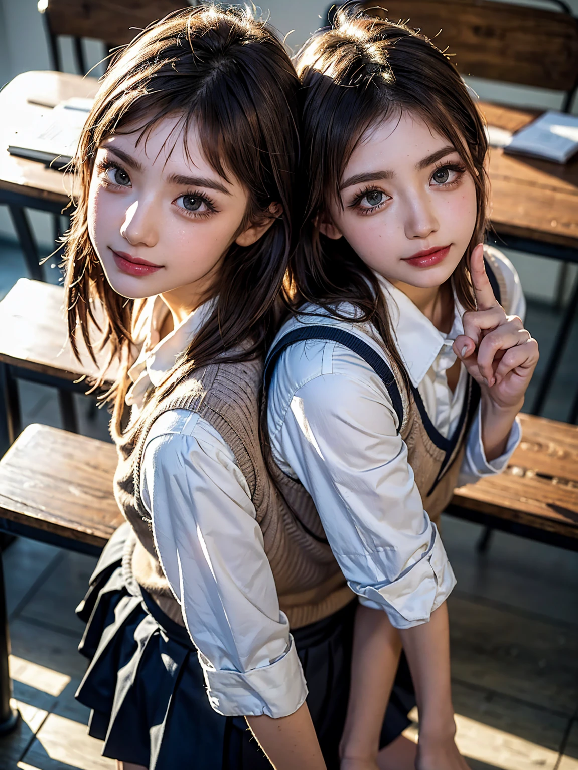 Browsing Caution, ((masterpiece)), ((Highest quality)), (Very detailed), ((cute)), cute, (Multi-point), ((sexy)), (device), ((Very detailed)), 4K, (8k), Highest quality, (beautiful), hyper cute face, shape, Anime Style,hyper Genuineistic, Genuine, Dynamic Angle, ((whole body)), close, Thick outline, Clear contours, at school, (1 Girl, cute girl:1.5), (Schoolgirl Uniform :1.5), beautiful light brown hair, beautiful brown eyes, ((beautiful eyes)), (squat :1.3), short hair, Big Breasts, shoes, smile