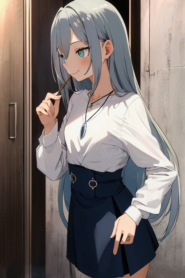  best quality , HD, masterpiece, School , small corner  , Night,  girl,   very long blue silver hair, blue-grey eyes, necklace, ,   very short skirt ,  ripped blouse , ängstlich zu Boy sieht , Boy,   very long black hair , green eyes, , girl gegen ein wand drückte,  kiss her neck ,  smile,  