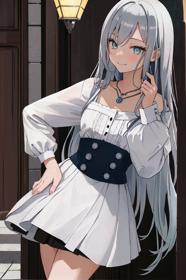  best quality , HD, masterpiece, School , small corner  , Night,  girl,   very long blue silver hair, blue-grey eyes, necklace, ,   very short skirt ,  ripped blouse , ängstlich zu Boy sieht , Boy,   very long black hair , green eyes, , girl gegen ein wand drückte,  kiss her neck ,  smile,  