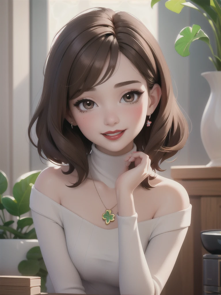 (masterpiece), (best quality), ( vibrant light colors), Super detail, adult woman, brown hair, four-leaf clover necklace , toys, (bright eyes :0.5), short hair,  looking at the spectator, brown eyes, portrait, shiny hair, smile, blush,  hair over her shoulders ,Rice,  medium hair over the shoulders,  upper body , red turtleneck, vibrant colors, red lips High resolution, masterpiece, best quality, high quality, happy expression, luxury, wealth, labia majora, long nose 