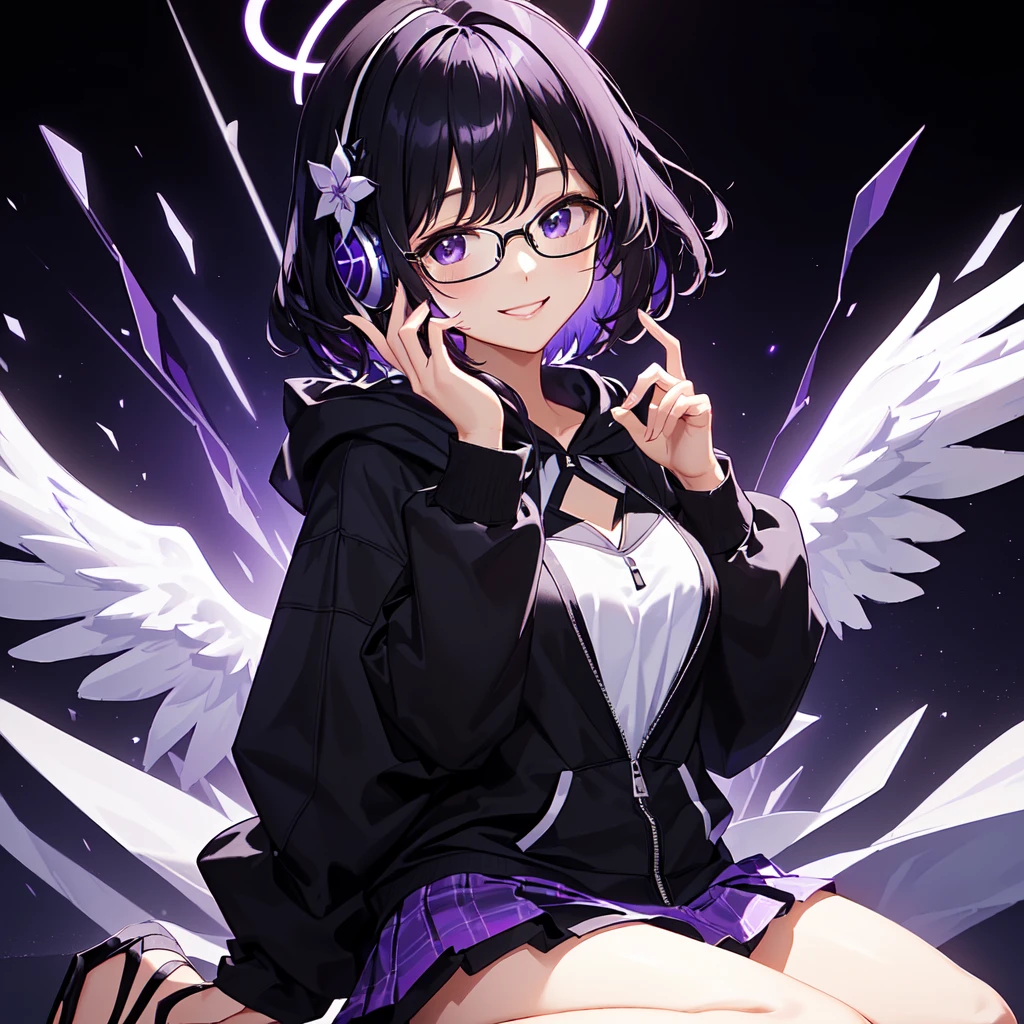 solo2.0((Best Quality)),((Handcrafted)) ((masterpiece)), (detailed)(( anatomically correct)) purple black haired angel girl sandal phone 2.0、white halo 0 .5、Bobcut 1.8、 black hoodie and purple mini skirt 1 .8、 black and purple headphones 1 .2、Black-rimmed glasses 2.0、1 .8、1 monitor that emits light.2、Smiling face 1.4、