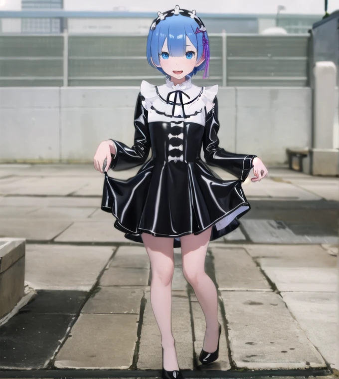 （tmasterpiece：1.6， better quality），（ Thin Beautiful Eyes ：1.2），Phot_beer ， ramhd ， 1girl，blue hair，solo，with blue eyes， x Hair Accessories , latex black short dress from Rossvale estate，It passed，（dress lift：1.2），white panties，evil laugh，One,  full length heels ,