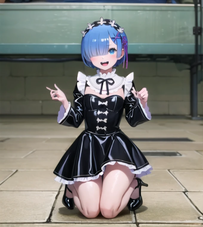 （tmasterpiece：1.6， better quality），（ Thin Beautiful Eyes ：1.2），Phot_beer ， ramhd ， 1girl，blue hair，solo，with blue eyes， x Hair Accessories , latex black short dress from Rossvale estate，It passed，（dress lift：1.2），white panties，evil laugh，One,  full length heels ,