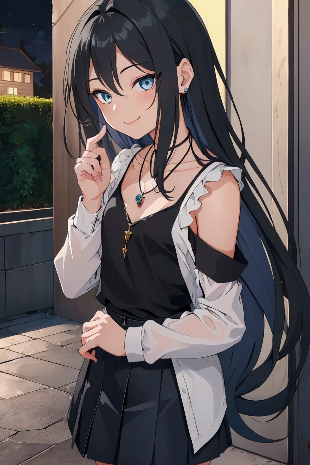  best quality , HD, masterpiece, School , small corner  , Night,  girl,   very long blue silver hair, blue-grey eyes, necklace, ,   very short skirt ,  ripped blouse , ängstlich zu Boy sieht , Boy,   very long black hair , green eyes, , girl gegen ein wand drückte,  kiss her neck ,  smile,  