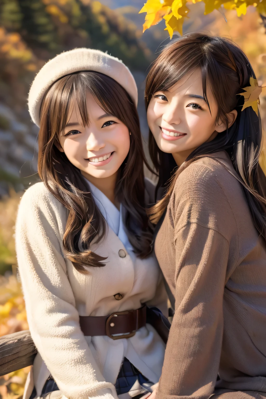 ((masterpiece)), Japanese, ((Two Girls)), smile, In the mountains in autumn,