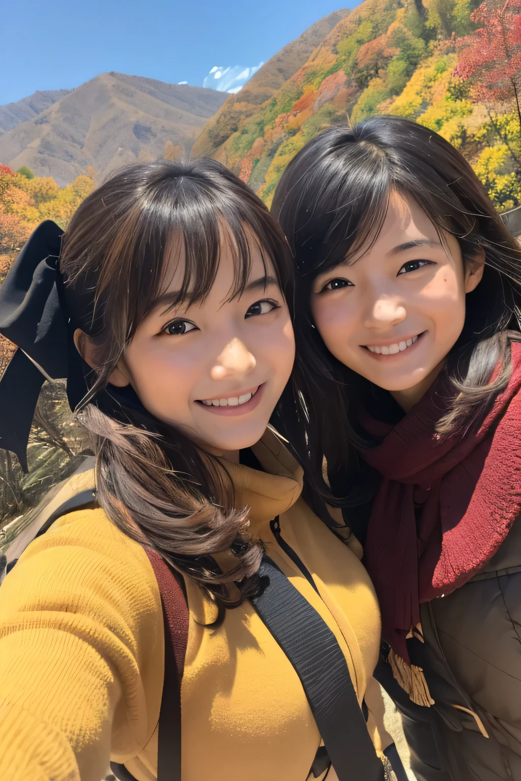 ((masterpiece)), Japanese, ((Two Girls)), smile, In the mountains in autumn,