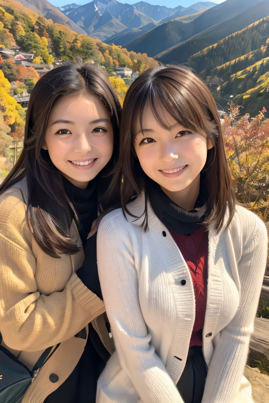 ((masterpiece)), Japanese, ((Two Girls)), smile, In the mountains in autumn,