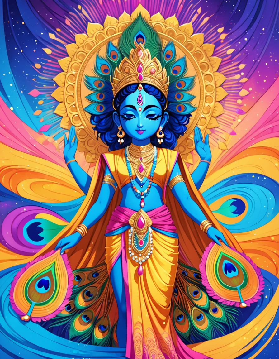 flat illustration, Colorful Abstract Fluid Art, Psychedelic Art, Trippy art, Vibrant abstract psychedelic backgrounds. Hindu God "Krishna", Blue Skin, Wearing a golden loincloth and a crown of peacock feathers. Religious, Mystical. pastel. (((masterpiece))), best quality.