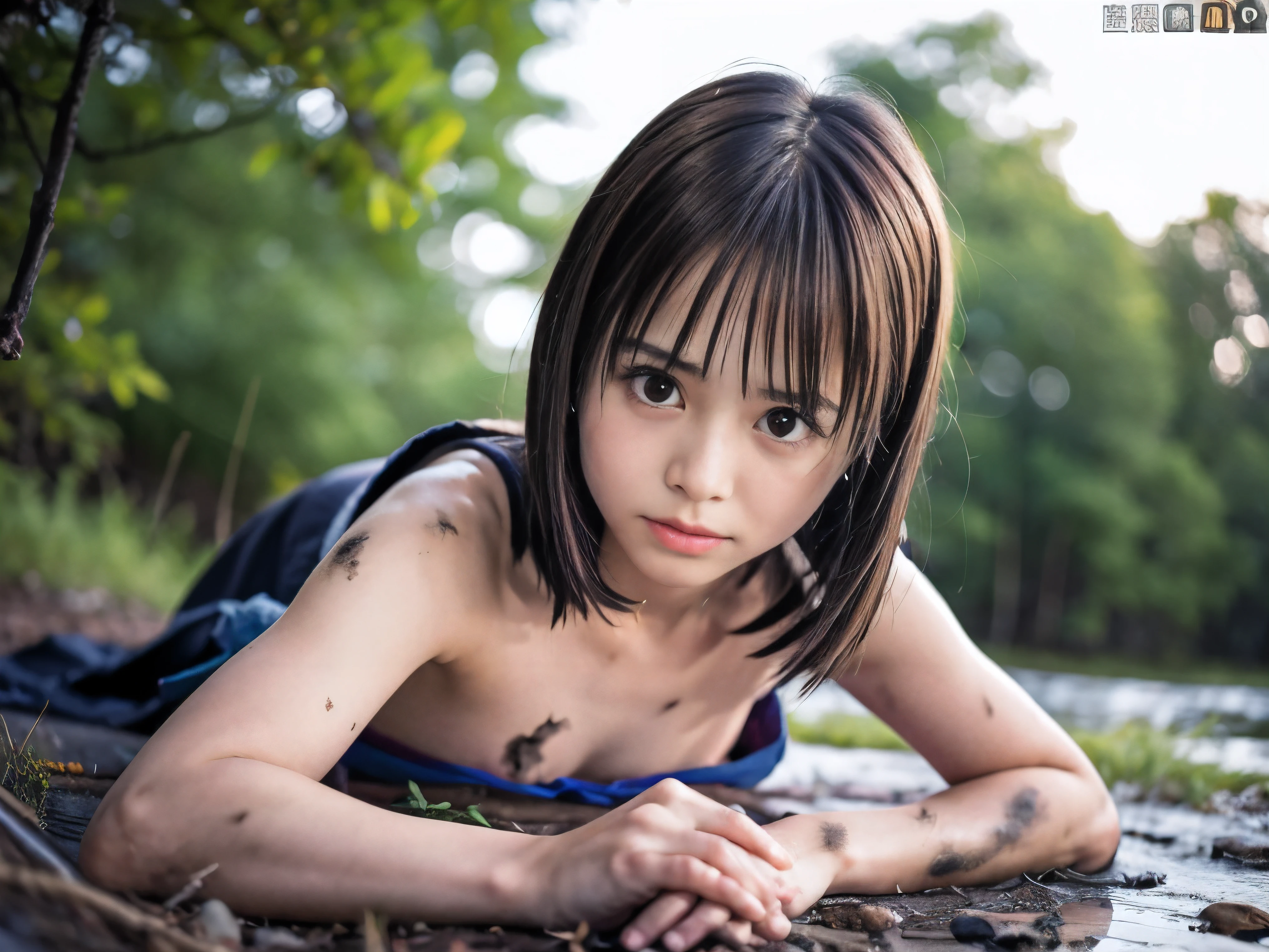 (Close up low angle shot of one naked slender small breasts round face brown short hair with bangs girl in a samurai white armor:1.5)、(One naked girl is lying with her back behind on the wilderness land at the Sengoku period in Japan with crying dirty face:1.5)、(Heavy raining wilderness land:1.5)、(blurred background:1.5)、(Natural light:1.5)、(8k ultra detailed master piece:1.5)、(perfect anatomy:1.5)、(Photorealistic stick:1.5)、(Raw photo:1.3)、(highest quality:1.5)、(High resolution:1.3)、(Delicate and beautiful perfect face:1.3)、(Delicate and beautiful eye air skin:1.3)、(Real Human Skin:1.3)、((thin legs))