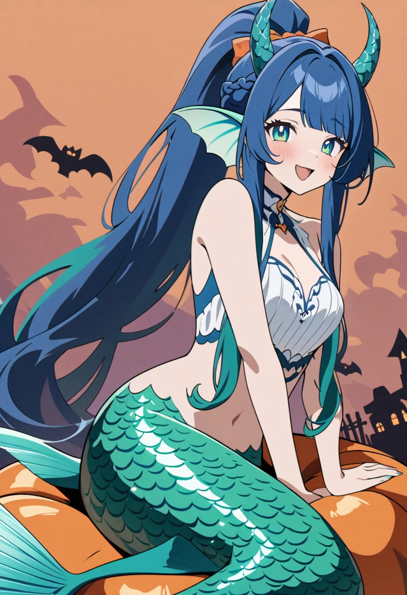 1girl,underwater, dragon horns,fin ears,large breasts,shell_bikini,smile,floating ,floating hair, dragon tail,blue hair,green eyes,bubble,glowing eyes.coral,fish,scale,tiara