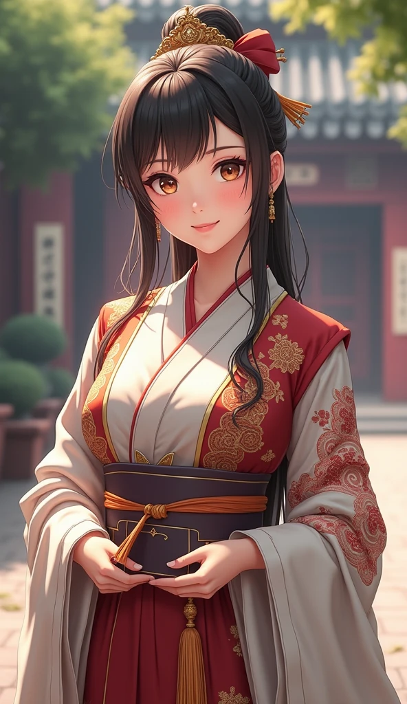 Highest quality、Realistic、Japanese、girl、zoom、cute、Grey Eyes、Long Hair、Bun Hair、Chestnut Hair、Back to all、the forehead is protruding、青いChina dress、China dress、Looking down、Big smile、Sweat、Bust Shot、thin、Large Breasts