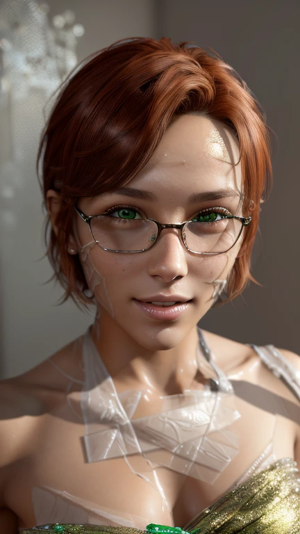 portrait, close-up,  upper body . Short, red hair, green eyes,  metal-framed glasses , green strapless dress, joyful smile, cheerful girl . (masterpiece, top quality,  better quality,  official art , beautiful and aesthetically pleasing:1.2),  is extremely detailed,(fractal art:1.2),Colorful,The most detailed, (dynamic pose), (candy background :1.5), ( Lots of candy wrappers :1.4). ((SPLIT. Skin texture, shiny skin. elegance. photorealism. unreal engine. 3D model.  Ultra high quality textures.  high detail . permission 8k))