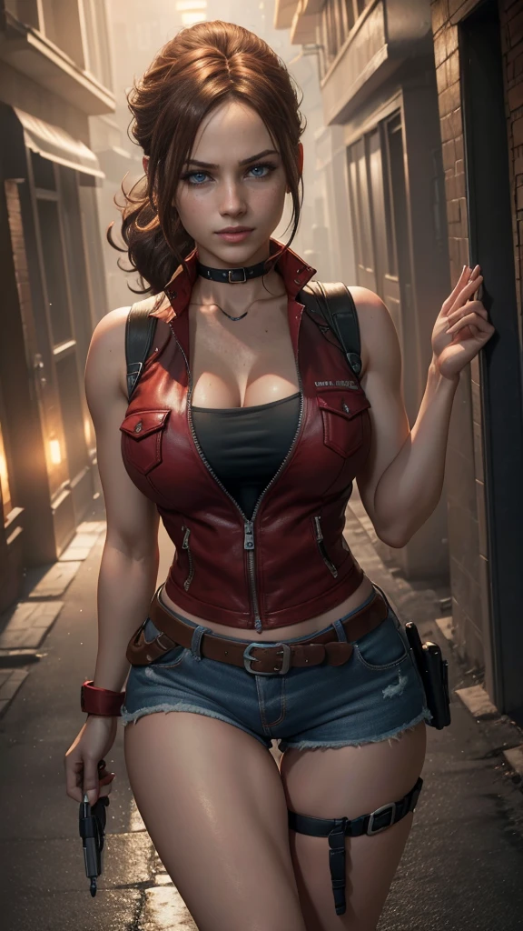 Claire redfield da resident evil,(best quality, 4K,8k,high resolution,work of art:1.2)(weather: sunset), city ruins background, police station, wide hips, short curly hair, short ponytail hair, brown hair, freckles, sleeveless top, short sleeve red jacket, blue denim shorts, leotard, harness, boots, fingerless gloves, light makeup, dark eyeshadow, flirting pose, ultra detailed,portrait,realistic,beautiful detailed blue eyes, beautiful detailed lips,extremely detailed eye and face, long eyelashes,average, large breasts,flying hair,beaming smile, sexy smile, powerful girl, bright coloured, dramatic lighting, smoke,