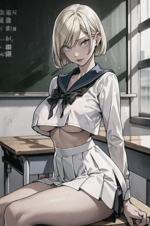 (masterpiece, best quality), 1lady, milf (a sailor suit),Pleated miniskirt, cropped top, (underboob:1.15), High Sneakers blonde bob cut, big breasts in classroom, hands in pocket, (from front:1.2), looking at viewer, sit