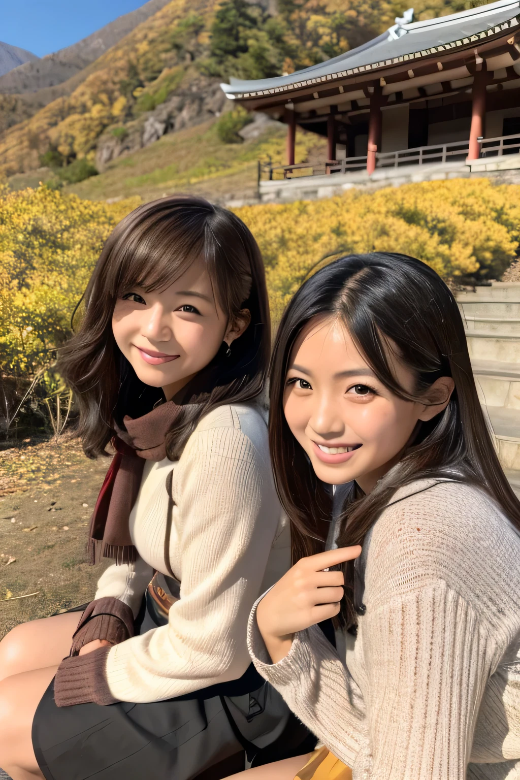 ((masterpiece)), Japanese, ((Two Girls)), smile, In the mountains in autumn,