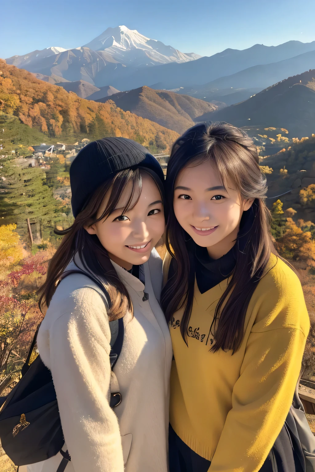 ((masterpiece)), Japanese, ((Two Girls)), smile, In the mountains in autumn,