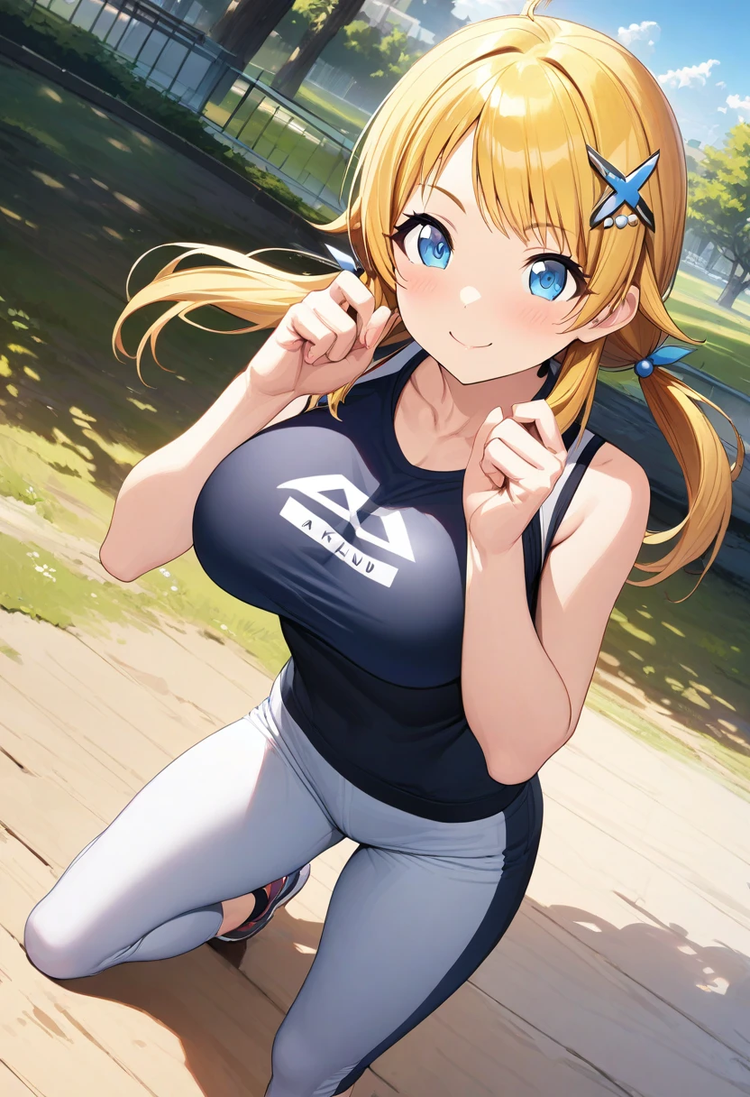 (masterpiece), (Best Quality), (Ultra-detailed), (  Best Illustration ), (Best Shadow), (Absurd), ( Detailed Background), ( very beautiful ), Meguru Hachimiya,  1 girl, Blonde,  fit gym wear、Alone, blue eyes,  hair accessory, smile, Big Breasts、chest,  Twin Tail,  Long Hair, Embarrassing, A kind smile, ((  ))Stick your hands in your pants、Touch your vagina with your fingers and masturbate 、Fluid comes out of the vagina、