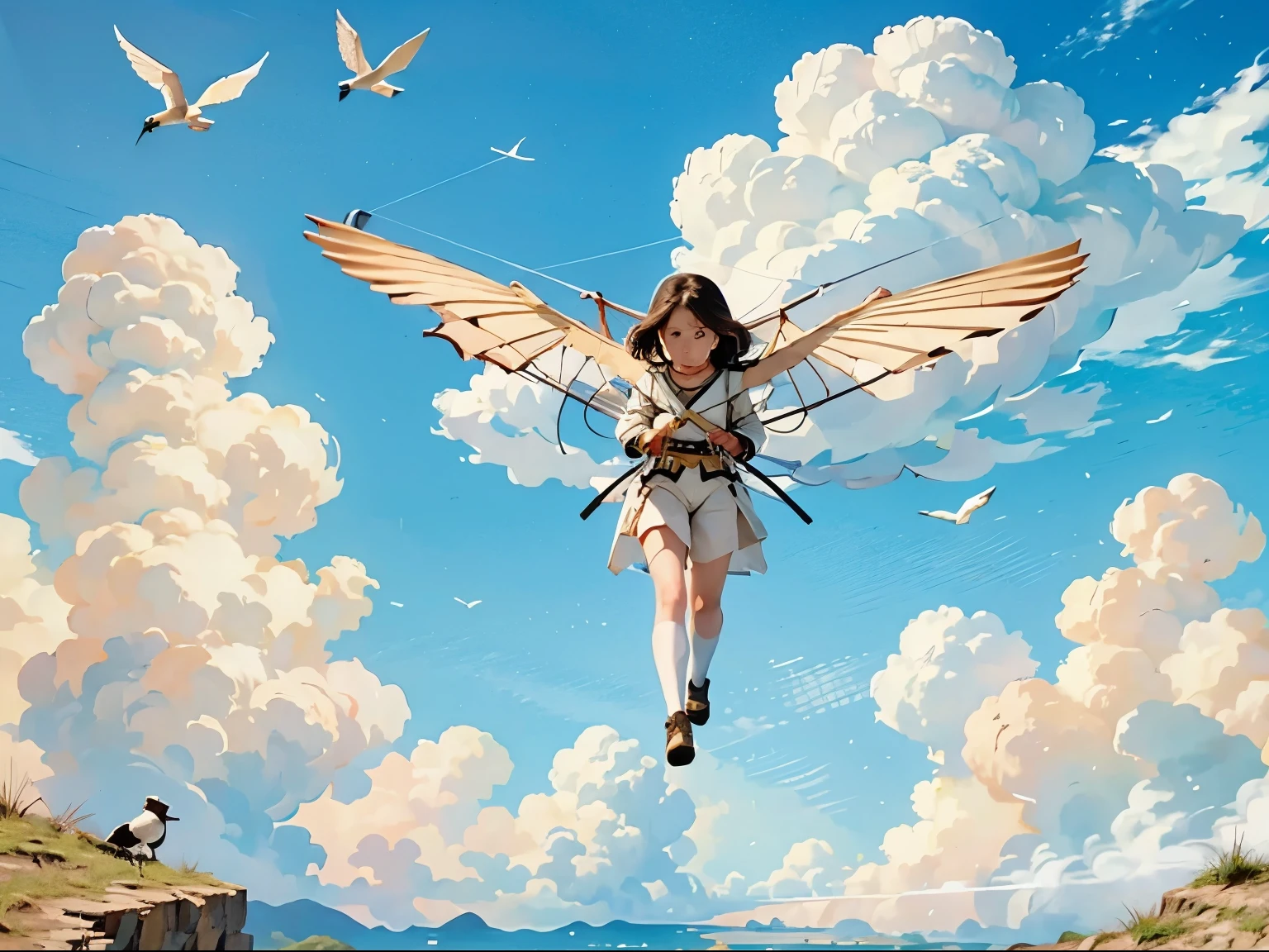 1 girl, Bird glider を操縦する女の子, Bird glider , Alone, Girl piloting a bird glider getting ready to take off 、On the Cliff、Best Quality、High image quality、masterpiece、wallpaper、8k、