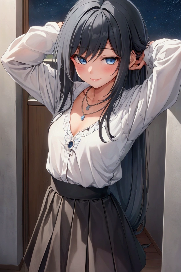  best quality , HD, masterpiece, School , small corner  , Night,  girl,   very long blue silver hair, blue-grey eyes, necklace, ,   very short skirt ,  ripped blouse , ängstlich zu Boy sieht , Boy,   very long black hair , green eyes, , girl gegen ein wand drückte,  kiss her neck ,  smile,  