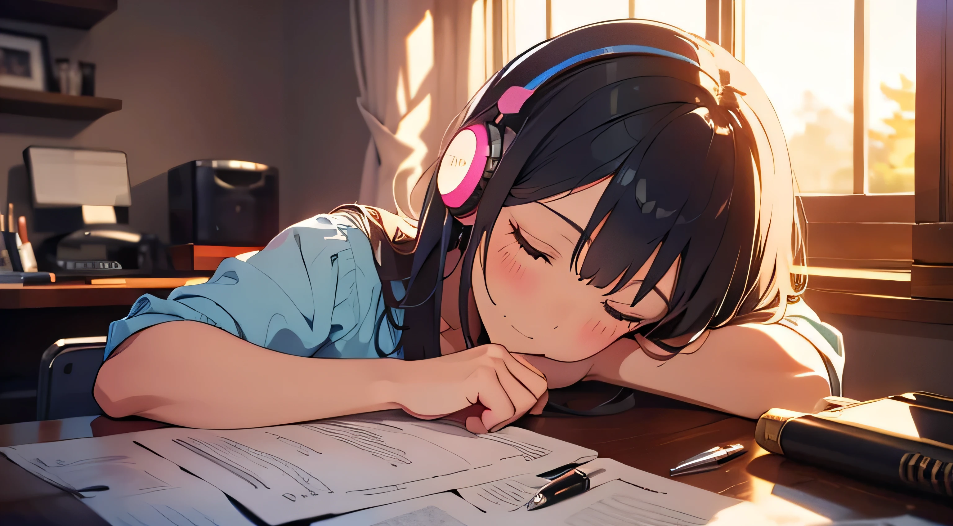 (Highest quality, masterpiece, Ultra-realistic), Beautiful and delicate１５Year-old girl portrait, With a calm and gentle expression, The background is the bedroom at home.、I am studying hard at my desk.、Holding a pen、Cute clothes、Bust is C cup、Wearing headphones and occasionally listening to music、Dance occasionally、When listening to music, I put my hands over my ears and close my eyes.