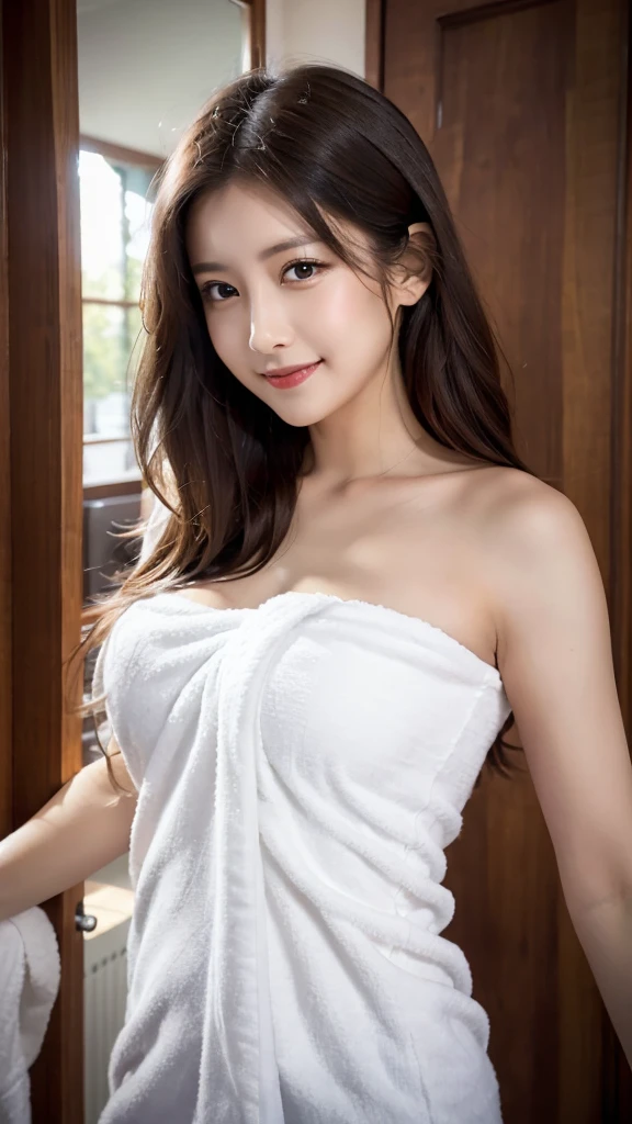 Urzang-6500-V1 .1,(RAW Photos:1.2), ( photoreal), (Genuine:1.4), ((Must-have items)),(Very realistic,  High Resolution , Detailed face,  beautiful eyes), Slender woman, 40 years old, Cute face, Watch the audience, (A very loving smile:1.2)、Mr.々Popular hairstyles, Slim figure, Small breasts, Very small waist,  , wrapped with nylon towel、