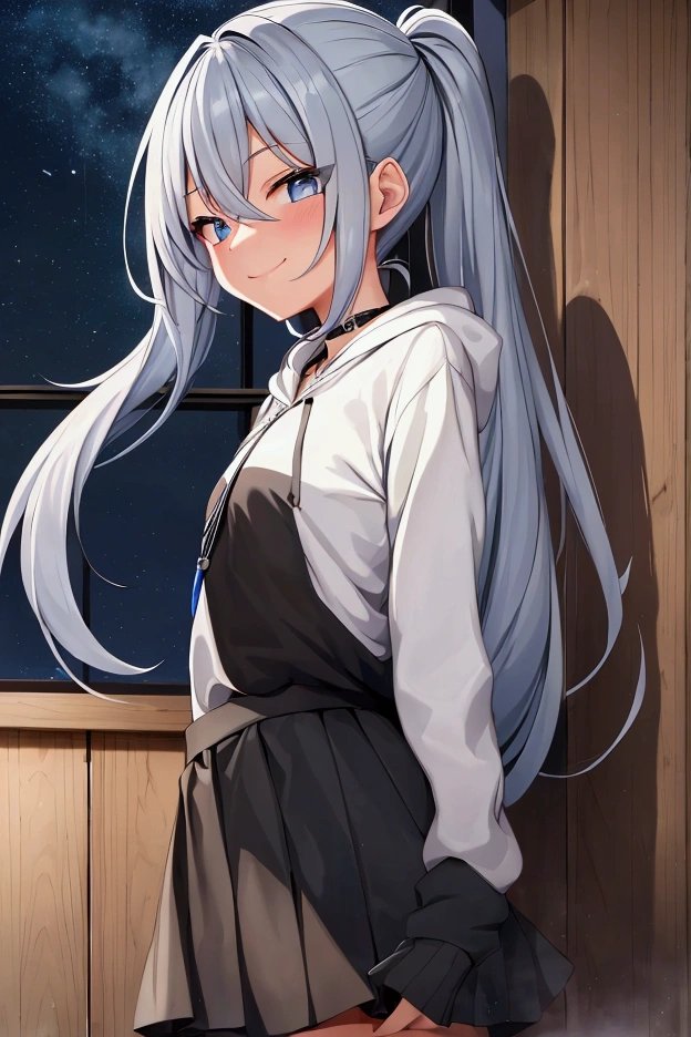  best quality , HD, masterpiece, School , small corner  , Night,  girl,   very long blue silver hair, blue-grey eyes, necklace, ,   very short skirt ,  ripped hoody , ängstlich zu Boy sieht , Boy,   very long black hair , green eyes, , girl gegen ein wand drückte,  kiss her neck ,  smile,  