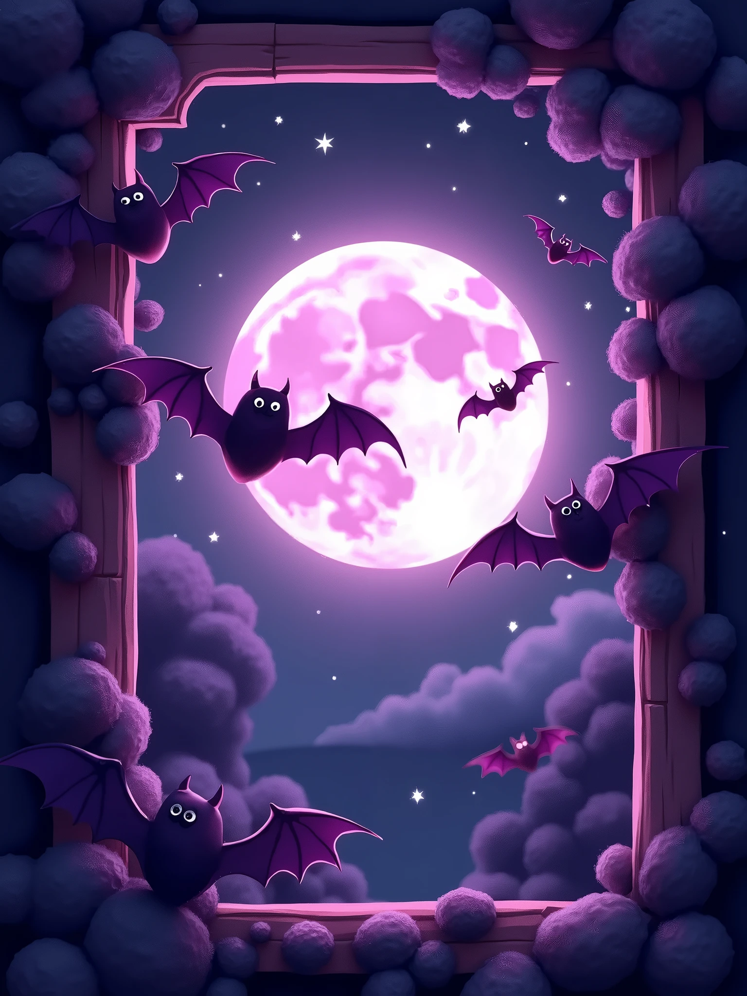 Two little mages in black cloaks, back, moon in the sky, night, roof, bat, weird branches, Cthulhu style --auto --s2