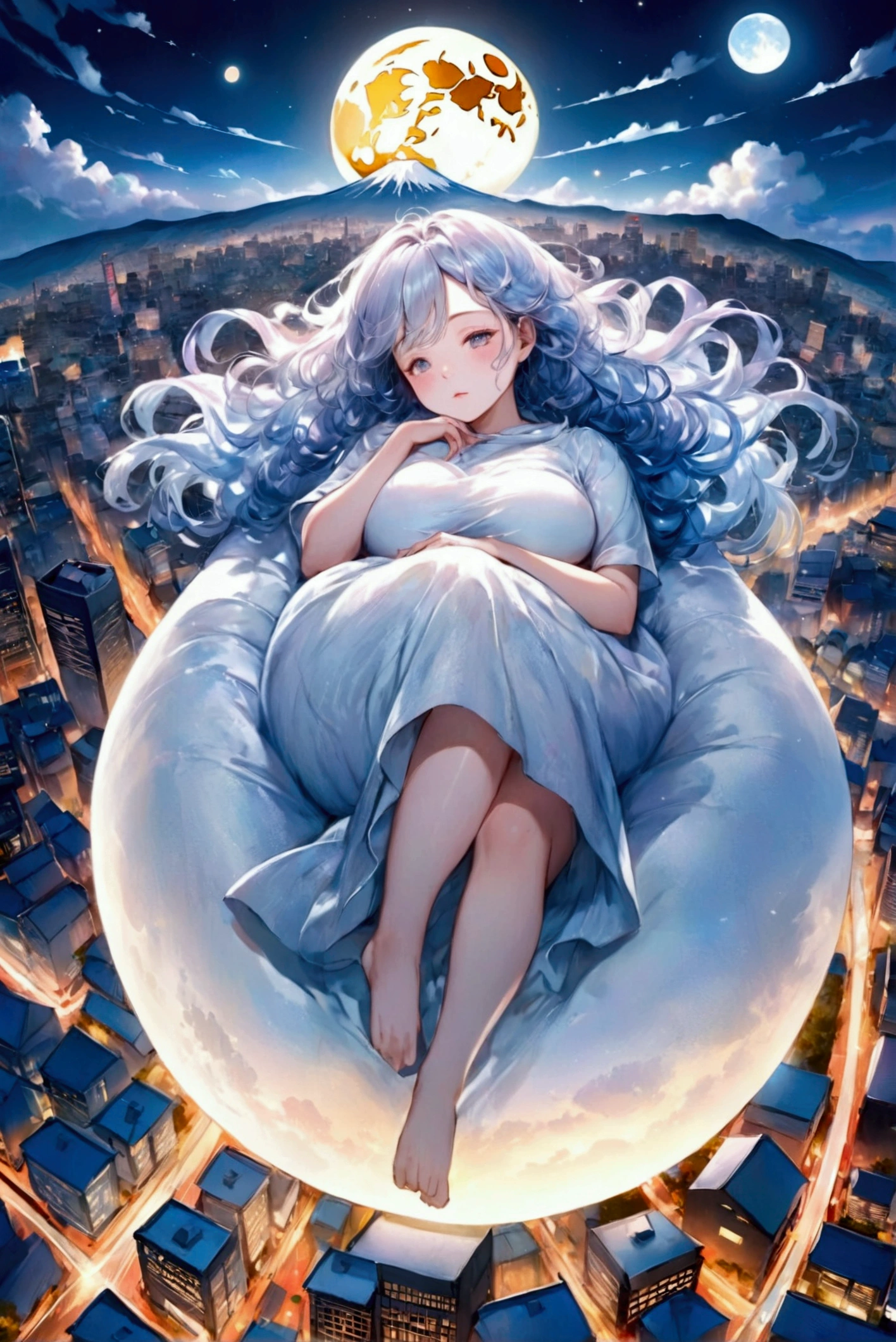 A cinematic painting depicts a beautifully attractive, gigantic woman resting on a miniature Tokyo city under a tiny moon. Famous Tokyo landmarks, a small Mount Fuji, and detailed cityscape elements surround her. Clouds drape over her like blankets, and a small mountain serves as her pillow, creating a dreamlike, ethereal scene.

The artwork blends the whimsical charm of Studio Ghibli with Nankichi Niimi's nostalgic storytelling and Marilyn Minter's bold style. Moonlight casts a soft glow over the detailed textures, highlighting her serene expression, flowing hair, and the vivid colors of the miniature world below. This fusion of styles creates a captivating, fantastical atmosphere.

