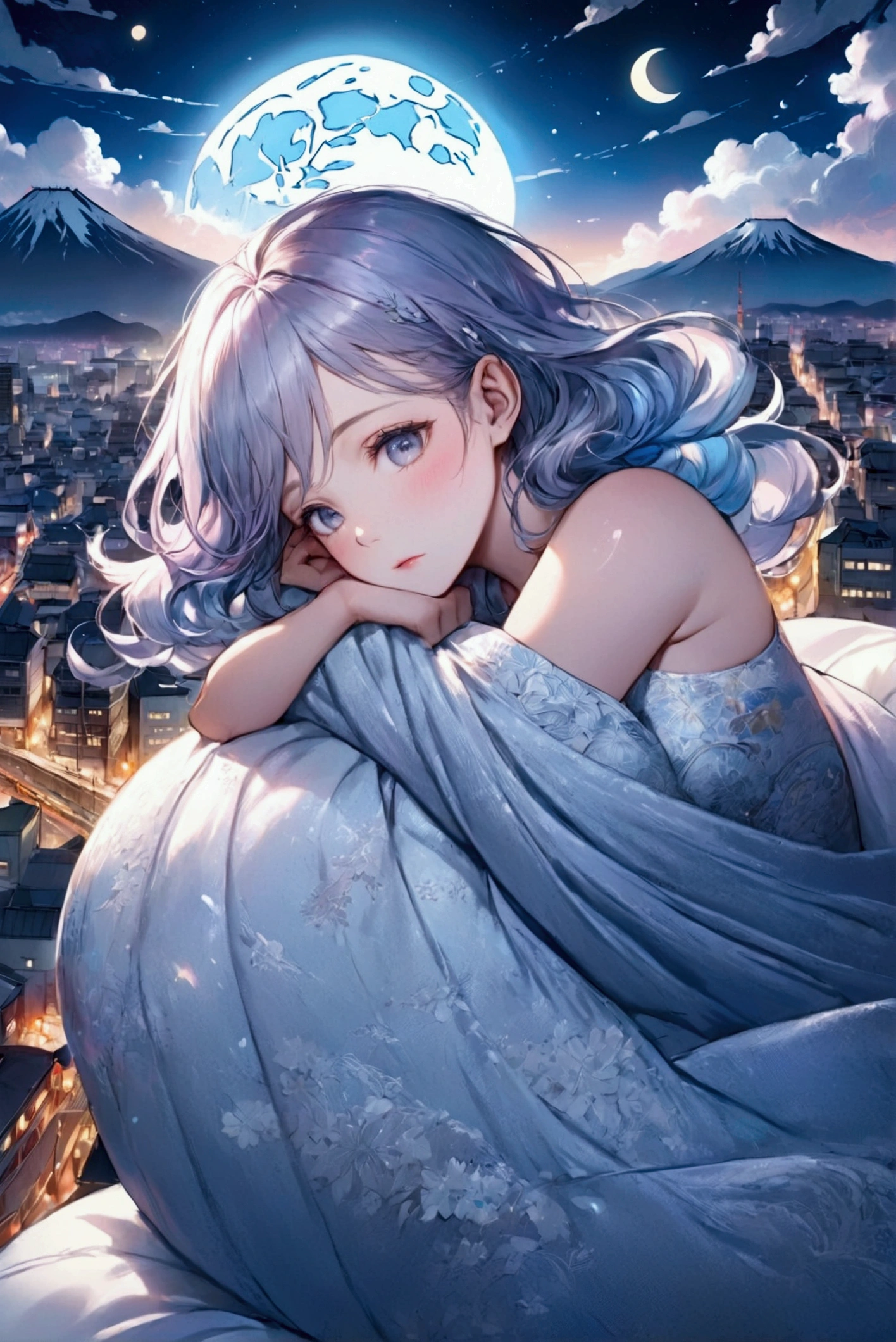 A cinematic painting depicts a beautifully attractive, gigantic woman resting on a miniature Tokyo city under a tiny moon. Famous Tokyo landmarks, a small Mount Fuji, and detailed cityscape elements surround her. Clouds drape over her like blankets, and a small mountain serves as her pillow, creating a dreamlike, ethereal scene.

The artwork blends the whimsical charm of Studio Ghibli with Nankichi Niimi's nostalgic storytelling and Marilyn Minter's bold style. Moonlight casts a soft glow over the detailed textures, highlighting her serene expression, flowing hair, and the vivid colors of the miniature world below. This fusion of styles creates a captivating, fantastical atmosphere.

