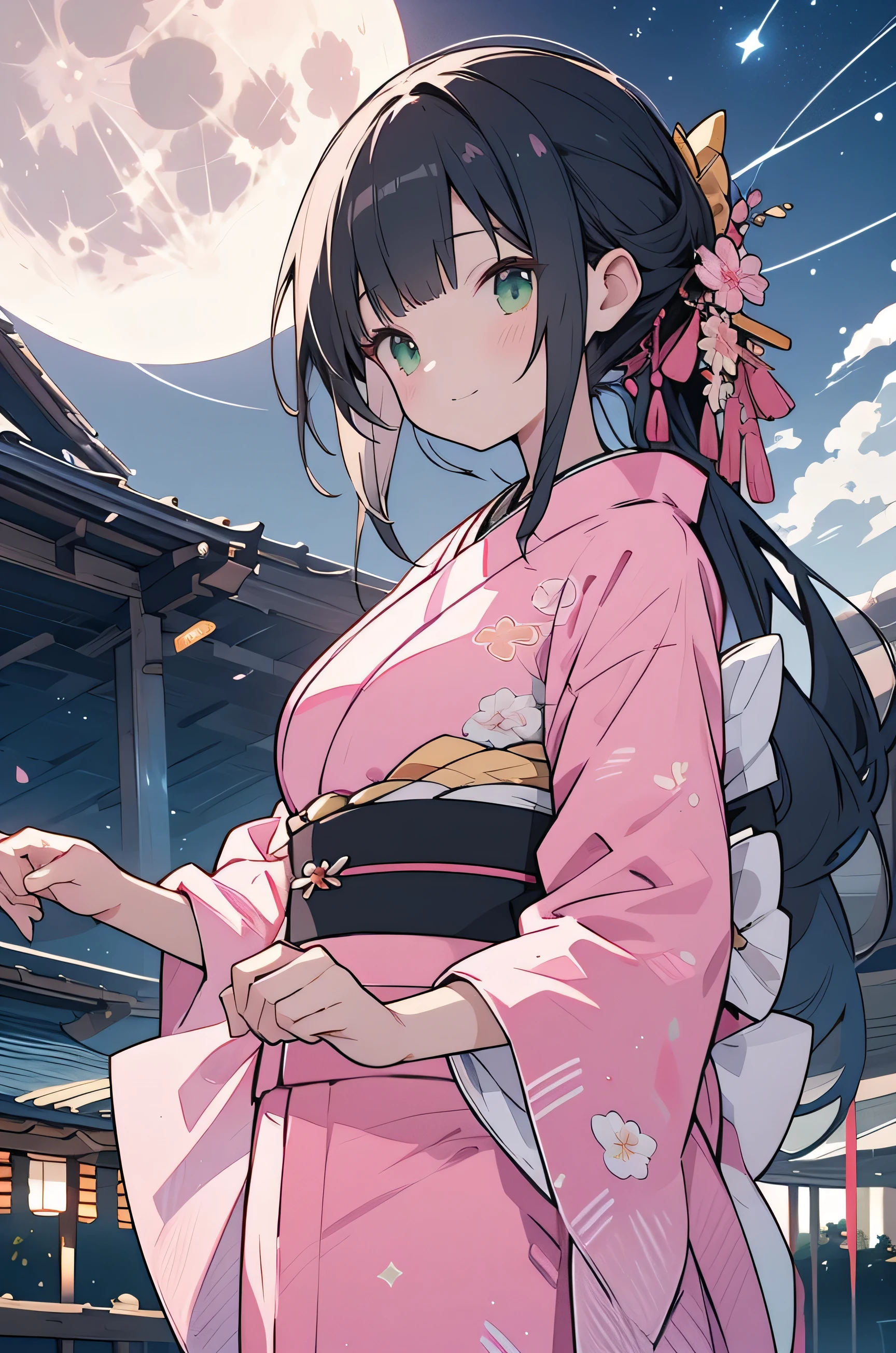 ((Best Quality、8k、Masterpiece:1.3)), japanese anime style ,people々girl,1 person,1 personで,((Petite,Glamorous Body,curve)),cute,Grin,((((Beautiful long black hair)), beautiful emerald green eyes ,(((( wear a kimono made of pink fabric,Dancing in the moonlight ))),(((The background is a big full moon and stars 々))),
