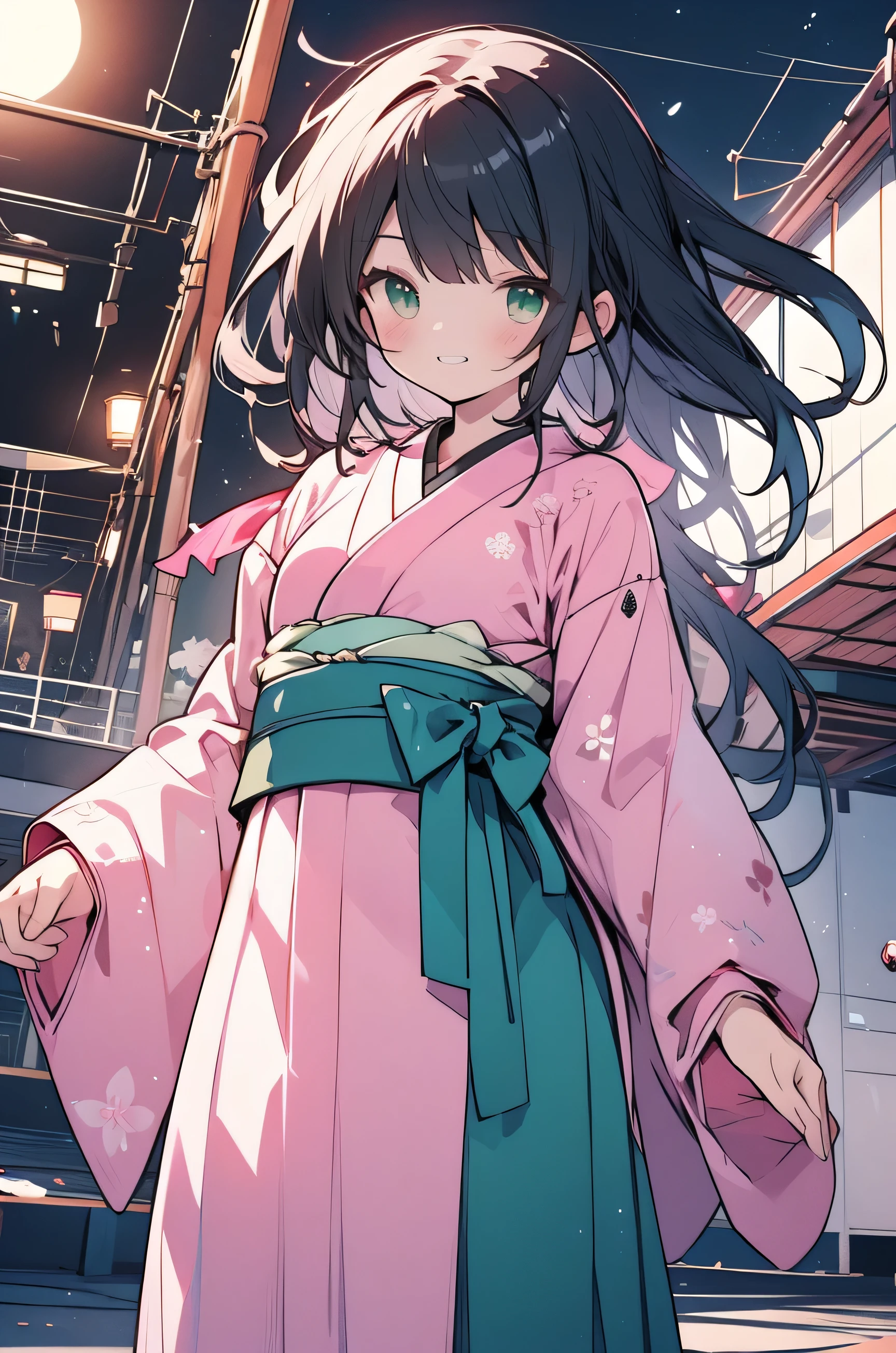 ((Best Quality、8k、Masterpiece:1.3)), japanese anime style ,people々girl,1 person,1 personで,((Petite,Glamorous Body,curve)),cute,Grin,(((Beautiful long black hair)), beautiful emerald green eyes ,((( wear Japanese clothes made of pink fabric,Dancing in the moonlight ))), background is a big full moon,