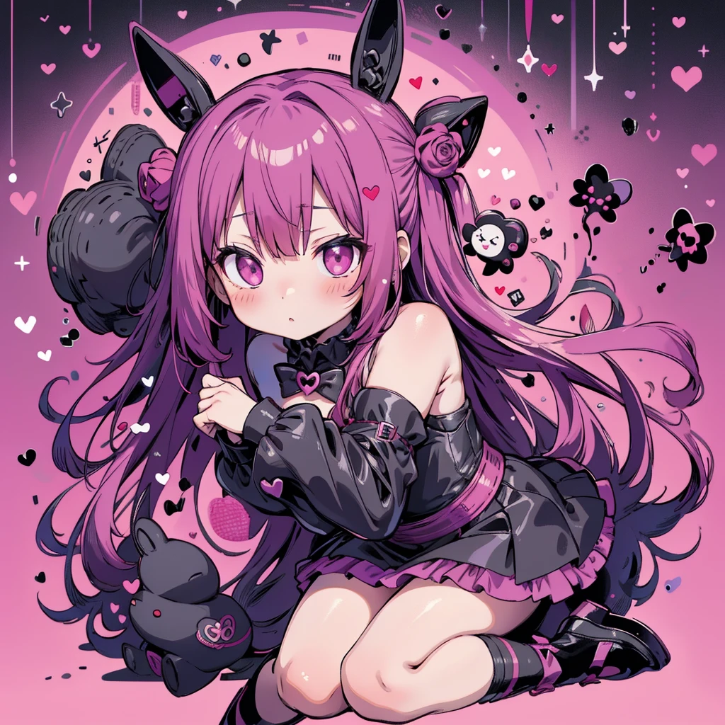 Attractive face、Chibi、Magenta Background、Black clothes、Long sleeves with flared cuffs、Shoulders are exposed、One piece flare skirt、Rabbit with stuffed toy、Black and magenta palette、Gothic Shoes、Positive、Black Rose、🌙、 Perfect Anatomy、heart、