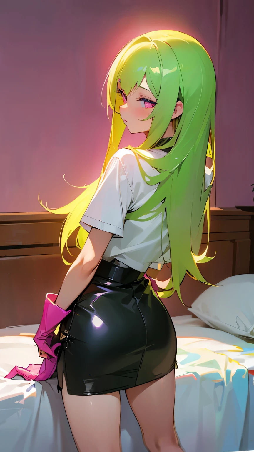 1 girl, blonde hair, blonde woman, hairlong, bright pink eyes, pastel colours, Cute hairpins on your hair, large breasts, looking a viewer, Chic ass, (grab the ass:1.6), Sitting at a desk in a chair, Take a look at us, Pink G-string, Detailed thick G-string, (Long socks)