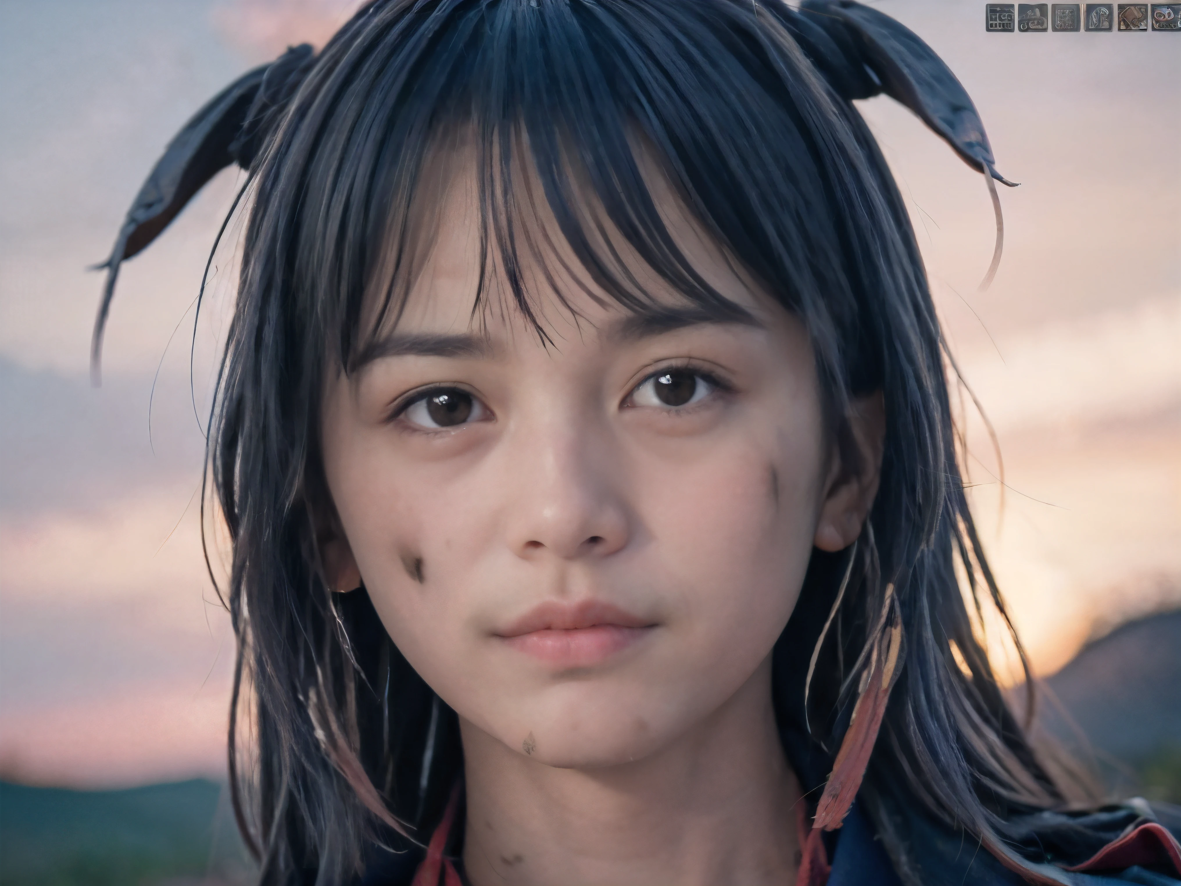 (Close up low angle shot of one naked slender small breasts two side up black medium hair with bangs girl in a samurai black armor:1.5)、(One naked girl is lying with her back behind on the wilderness land at the Sengoku period in Japan with crying dirty face:1.5)、(Big fire and smoke on the wilderness land with red sky:1.5)、(blurred background:1.5)、(Natural light:1.5)、(8k ultra detailed master piece:1.5)、(perfect anatomy:1.5)、(Photorealistic stick:1.5)、(Raw photo:1.3)、(highest quality:1.5)、(High resolution:1.3)、(Delicate and beautiful perfect face:1.3)、(Delicate and beautiful eye air skin:1.3)、(Real Human Skin:1.3)、((thin legs))
