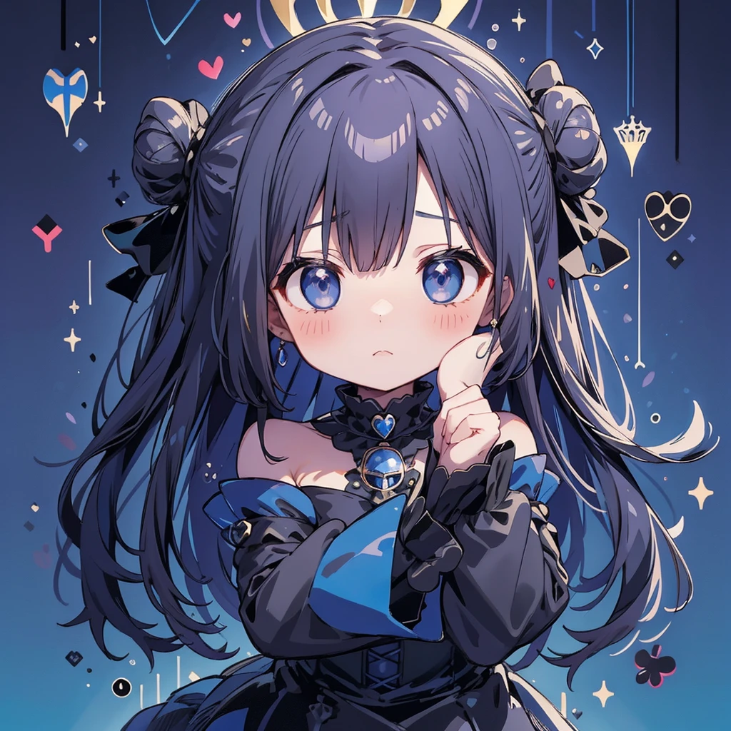 Attractive face、Chibi、royal blue background、Black clothes、Long sleeves with flared cuffs、Shoulders are exposed、One piece flare skirt、Rabbit with stuffed toy、 black and royal blue palette、Gothic Shoes、Positive、Black Rose、🌙、 Perfect Anatomy、heart、