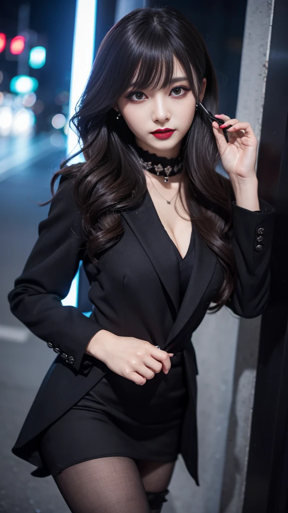 2girls、best quality、ultra-detailed、4k、Japanese、Seductive beauty、seductive adult woman、Pretty Woman、cool girl、Villainess、Brainwashed、brainwash、Fallen into evil、smirk、Evil look、Wicked Smile、evil、Brown hair、wavy hair、swept bangs、dark makeup、dark makeup、piercing eyes、hollow eyes,half-closed eyes、Hollow Eyes、Purple Eyeshadow、black lipstick、black lipglos、suit、Jacket、blouse、Black Ribbon、skirt、slit、Beautiful feet、Put your hands behind your back、night、Eerie Citadel、Are standing、Applying lipstick