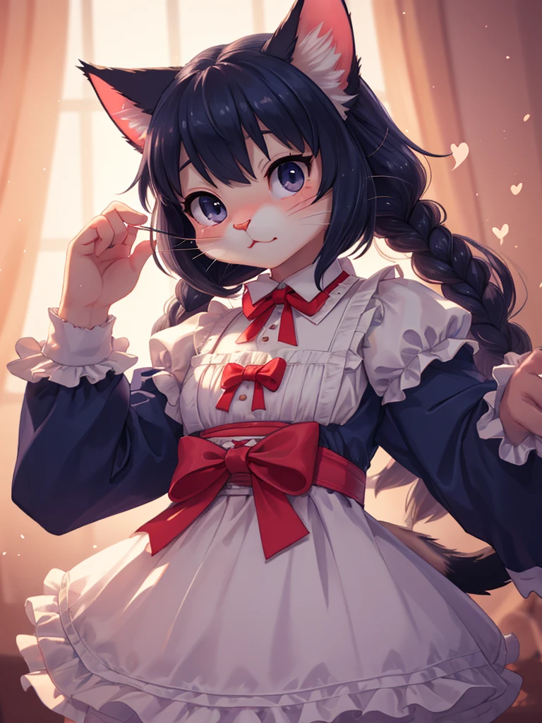 (highest quality:1.2, Very detailed, up to date, Vibrant, Ultra-high resolution, High Contrast, masterpiece:1.2, highest quality, Best aesthetics), Portraiture、girl、singer, solo, ((25-years-old:1)), Bright colors, Beautiful fine details、Beautiful lip detail、medium wave hair、red and white ((streaked hair:1.6)), highlights hair: 1.5, red eyes, slim body, medium breast, (tan skin:1.1), (Floral Fineline tattoo design on left arm:1), sexy Maid costume, cat ears, ((cat whiskers:1.5)), cat makeup, in Maid Cafe, ((leaning forward:1)), cowboy shot,