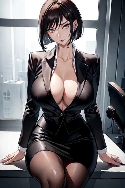 (masterpiece, best quality), 1lady, milf (((black business jacket, close clothes), white collared shirt, black tight skirt) ), cropped top, (underboob:1.15), high heels, blonde bob cut, big breasts in office, hands in pocket, (from front:1.2), looking at viewer, sit
