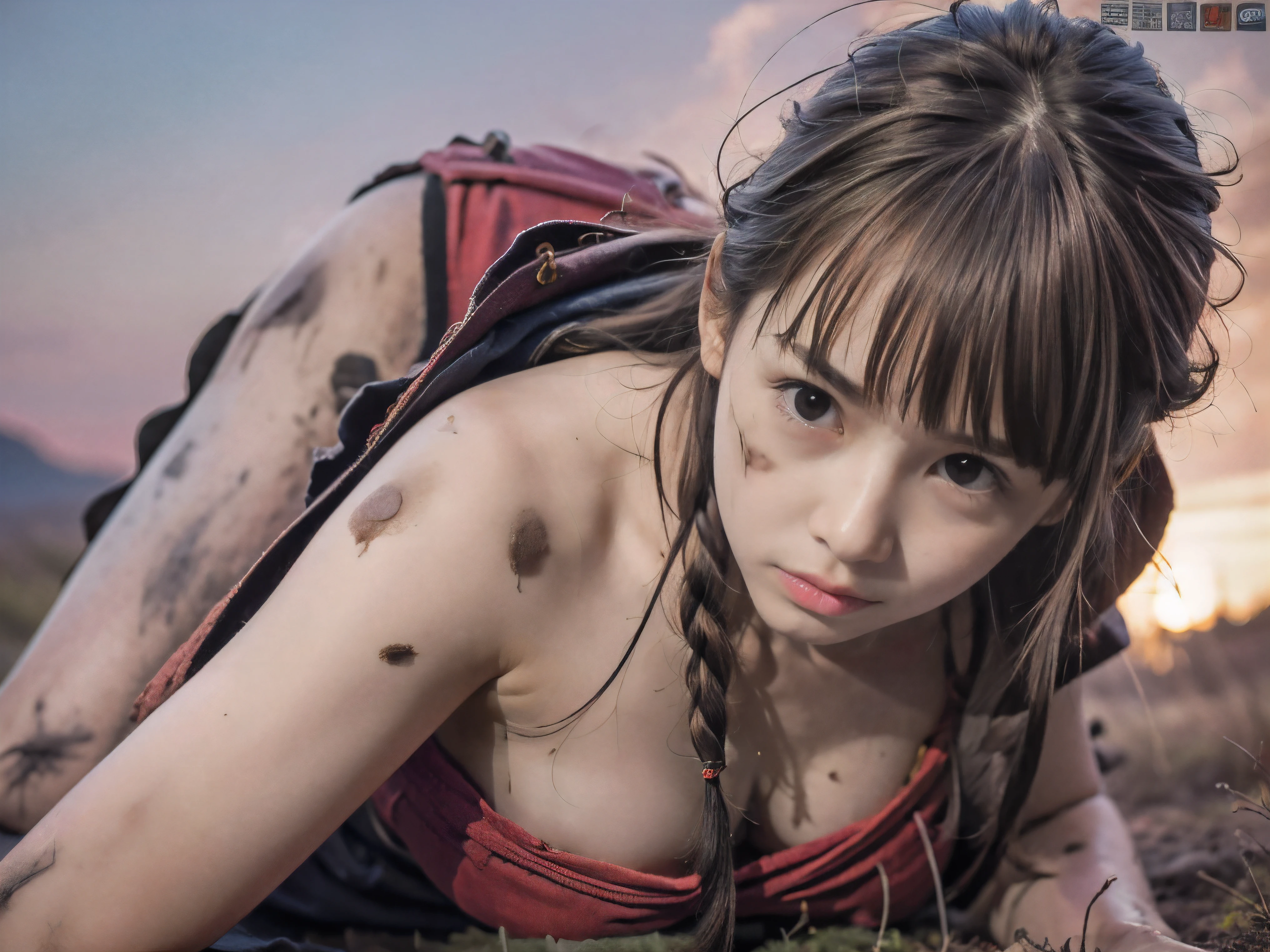 (Close up low angle shot of one naked slender small breasts red brown wavy long hair with dull bangs girl in a samurai red armor:1.5)、(One naked girl is lying with her back behind on the wilderness land at the Sengoku period in Japan with crying dirty face:1.5)、(Big fire and smoke on the wilderness land with red sky:1.5)、(blurred background:1.5)、(Natural light:1.5)、(8k ultra detailed master piece:1.5)、(perfect anatomy:1.5)、(Photorealistic stick:1.5)、(Raw photo:1.3)、(highest quality:1.5)、(High resolution:1.3)、(Delicate and beautiful perfect face:1.3)、(Delicate and beautiful eye air skin:1.3)、(Real Human Skin:1.3)、((thin legs))