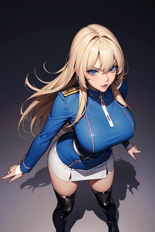 最High image quality, masterpiece, 4K, High image quality, Ultra-high resolution, Highest level of detail, CG drawing（ one cool adult seductive military woman with long bangs、）Hair、Blonde、It has a glossy finish.。 Hairstyle、straight、Long Hair。 One Length、Long bangs、Flush。 （Sexy、She&#39;s a female soldier.。 Bewitching sexiness、It&#39;s overflowing。）Tall、Slender、Sweating、It&#39;s bleeding。 （ a toned body 、Waist）
。 （Long and slender、Sharp Eye、Long eyelashes）（Blue Eyes。 Beautiful Eyes、Beautiful Lips。）（Perfect、Beautiful eyes）（Sexually attractive body）（For women、Girl and Ta、 I have no elements at all 、Mature adult woman）uniform、Boobs、Pointed upwards、 beautiful 、Moderately large。 Glossy、 tight miniskirt、Black long boots。
（air force base、A female military woman is 、Stand
(The female soldier、Angry expression)




（引き締まったWaist）