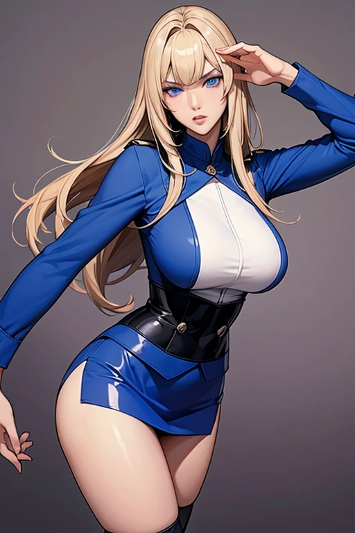 最High image quality, masterpiece, 4K, High image quality, Ultra-high resolution, Highest level of detail, CG drawing（ one cool adult seductive military woman with long bangs、）Hair、Blonde、It has a glossy finish.。 Hairstyle、straight、Long Hair。 One Length、Long bangs、Flush。 （Sexy、She&#39;s a female soldier.。 Bewitching sexiness、It&#39;s overflowing。）Tall、Slender、Sweating、It&#39;s bleeding。 （ a toned body 、Waist）
。 （Long and slender、Sharp Eye、Long eyelashes）（Blue Eyes。 Beautiful Eyes、Beautiful Lips。）（Perfect、Beautiful eyes）（Sexually attractive body）（For women、Girl and Ta、 I have no elements at all 、Mature adult woman）uniform、Boobs、Pointed upwards、 beautiful 、Moderately large。 Glossy、 tight miniskirt、Black long boots。
（air force base、A female military woman is 、Stand
(The female soldier、Angry expression)




（引き締まったWaist）