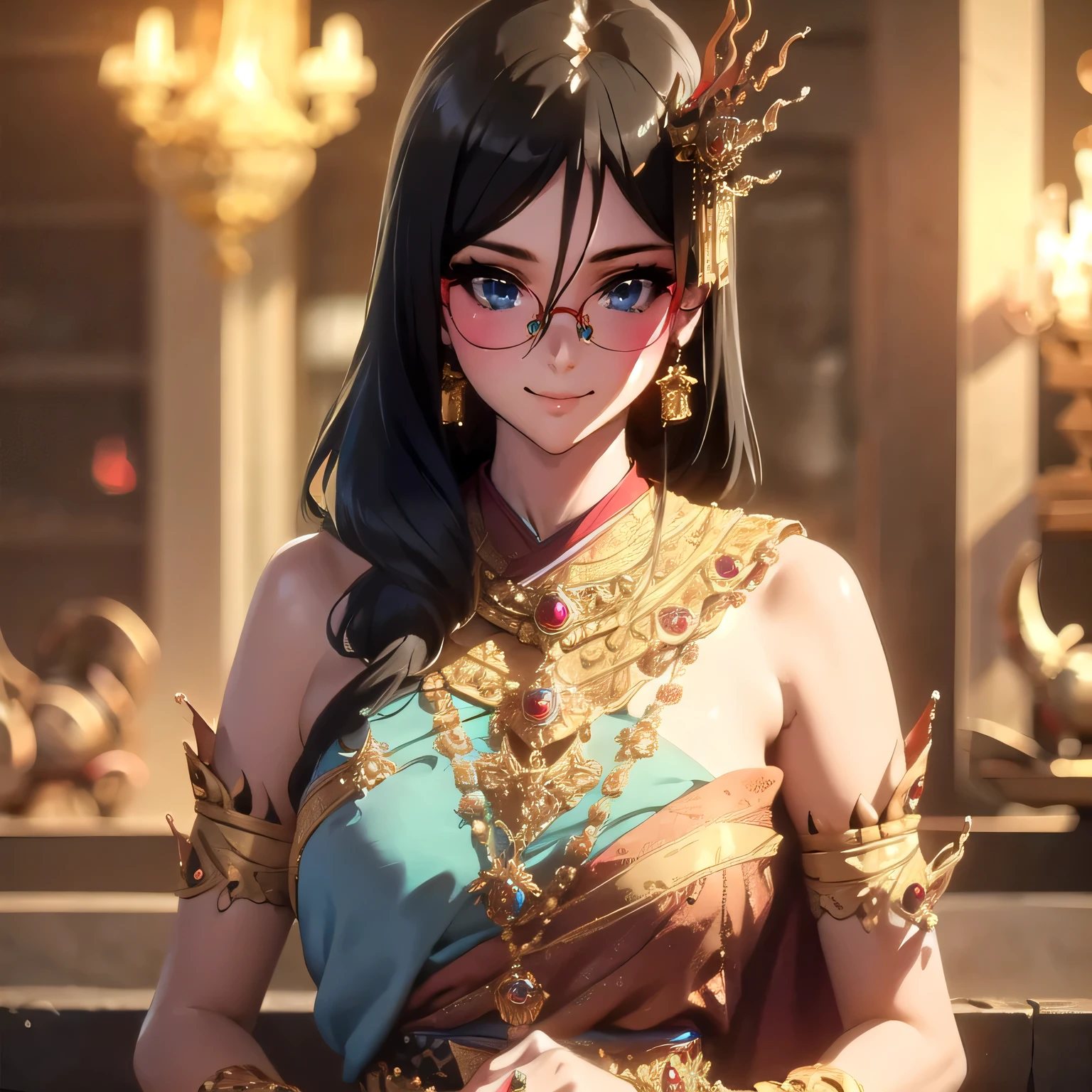 Best quality, masterpiece, High resolution, alone, {Thanaka_Asuka_Euphonium sound:1.15}   black_hair, long_hair, glasses, Light blue_Eyes, shy, Red frame_glasses, Seraph, Beyond the Limit_glasses, Semi-rimless_glasses, hair_between_Eyes, 1 woman,  Look at_Viewers, smile,  ((Thai princess:1.3)),(Gorgeous thai costumes with Complex details,The outfit is so pretty.,Beautiful gold jewelry, Complex details,Luxury jewelry,Beautiful edge, Complex details,Minerals:1.2),((Thai Buddhist Temple))